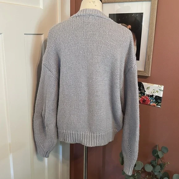 Anthropologie Luna Ivy 3D cherry oversized open front light blue S cardigan - Picture 7 of 10